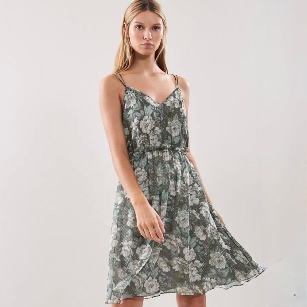 REISS Mara Floral Print Dress - Silk Blend - Green Gray Cream - Size 0